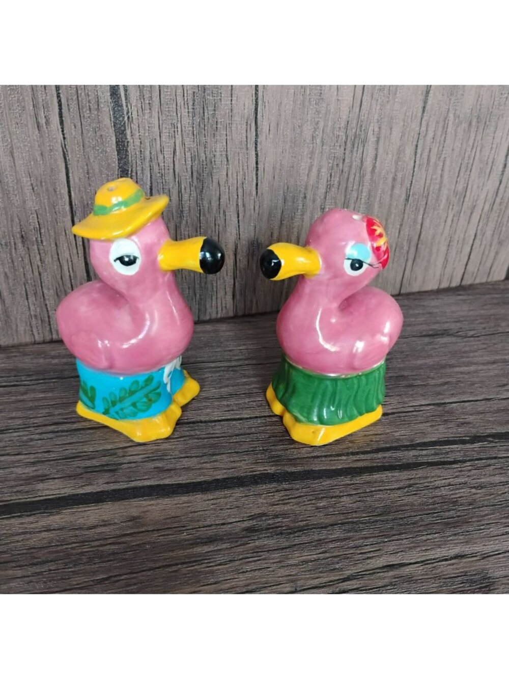Vintage Flamingo Salt & Pepper Shakers Hawaiian Outfits, Tropical Beach Coastal
